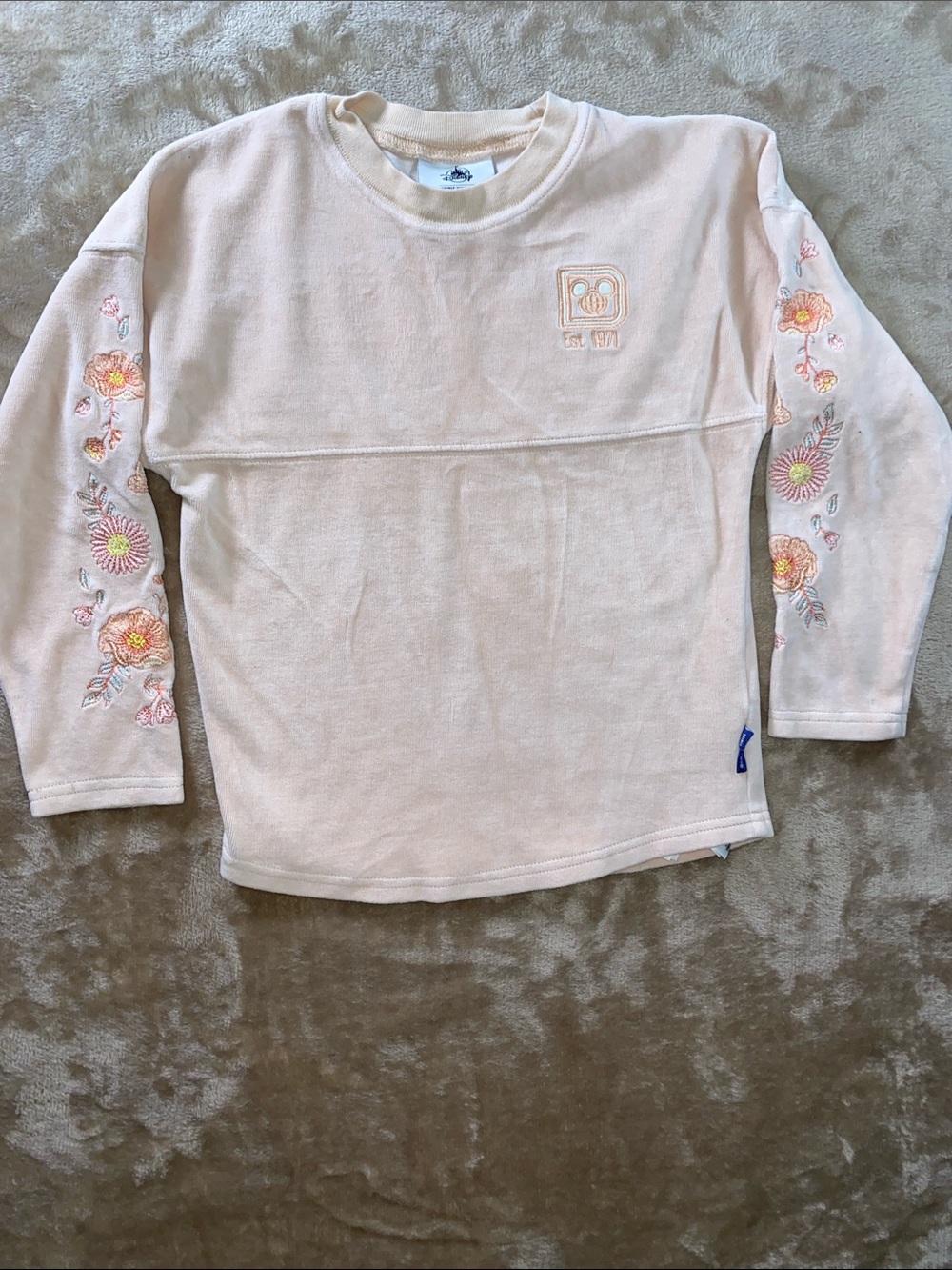 Disney Parks Spirit Jersey Peach Long Sleeve Floral Embroidered Top